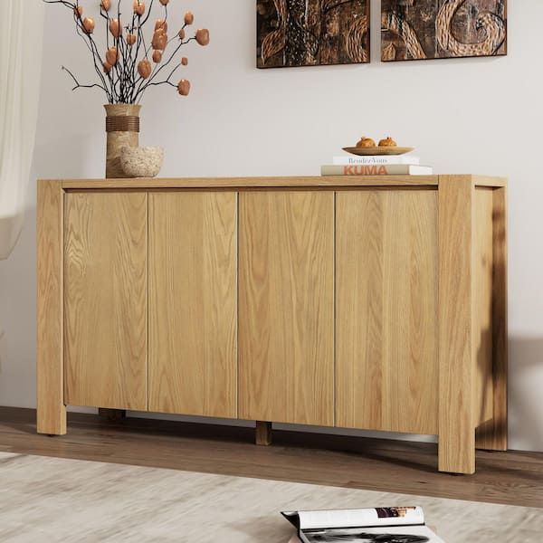Harper & Bright Designs Natural Oak Veneer and MDF 59 in. Sideboard with Adjustable Shelves, 4-Doors and Rubber Wood Legs