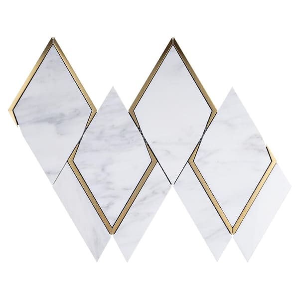 MOLOVO Natural Blanco White Gold 14.1 in. x 8.9 in. Geometric Polished Marble Mosaic Tile Sample