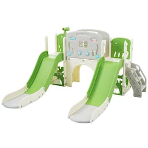Green 8-in-1 Indoor, Outdoor Kids Slide Playset Structure with Slide, Arch Tunnel, Basketball Hoop and Telescope