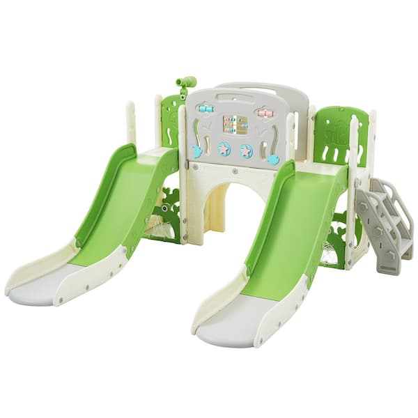 Unbranded Green 8-in-1 Indoor, Outdoor Kids Slide Playset Structure with Slide, Arch Tunnel, Basketball Hoop and Telescope
