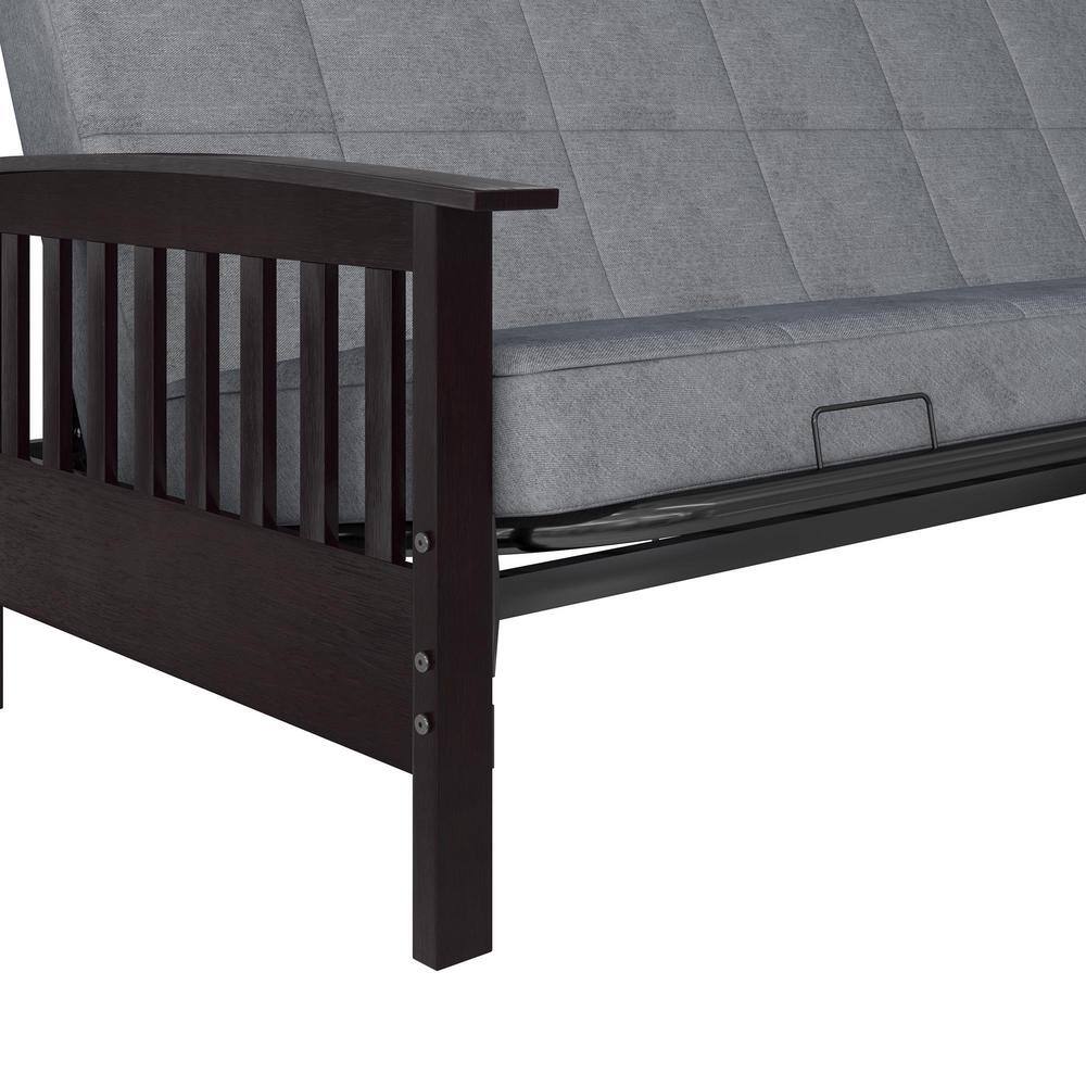 Gray Linen Reclining Futon with Dark Wood Arms and Metal Frame
