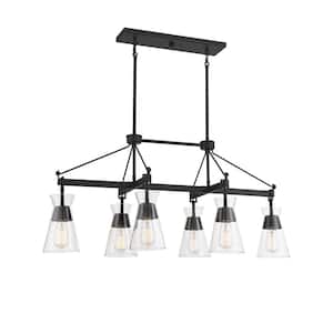 Lakewood 40 in. W x 17 in. H 6-Light Matte Black Linear Chandelier with Clear Glass Shades