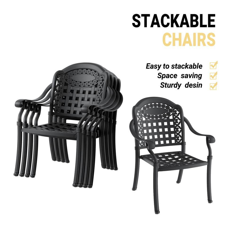 Matte Black Cast Aluminum Dining Armchairs with Blue Cushions