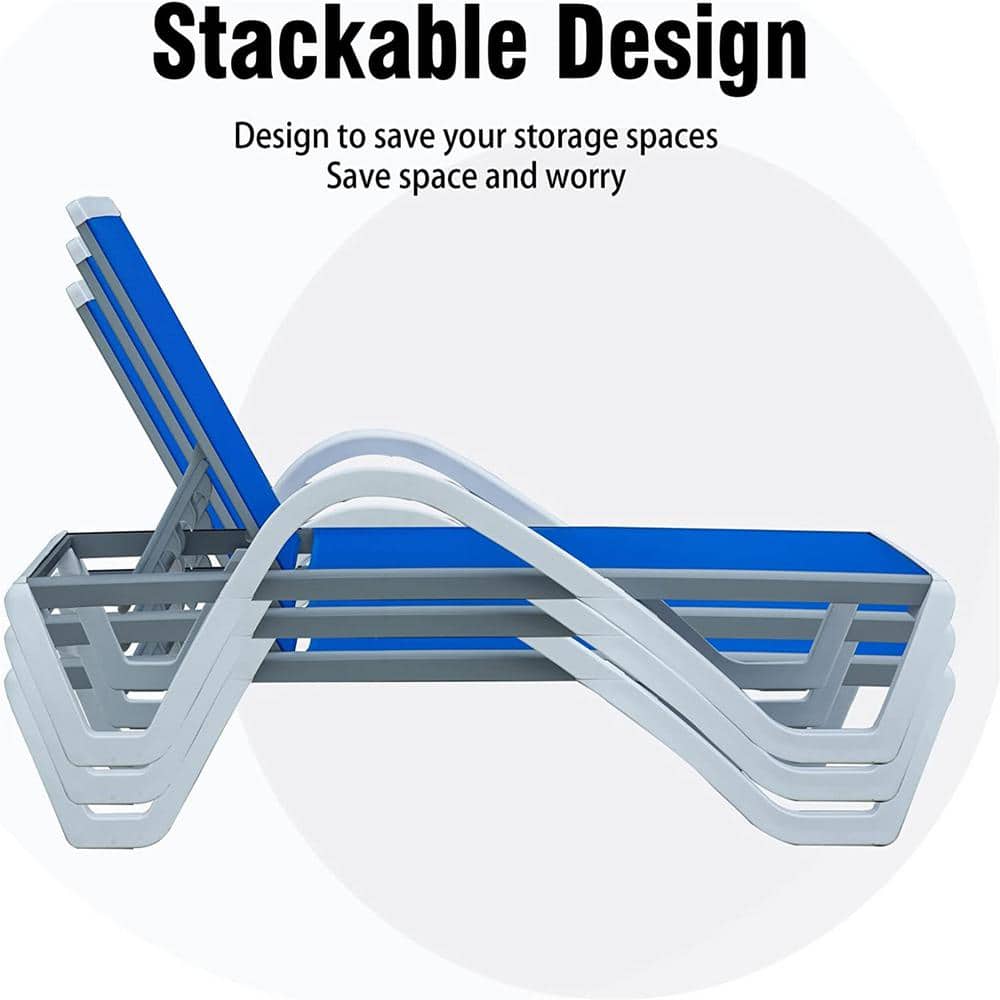 Blue Aluminum Adjustable Outdoor Chaise Lounge with Armrests