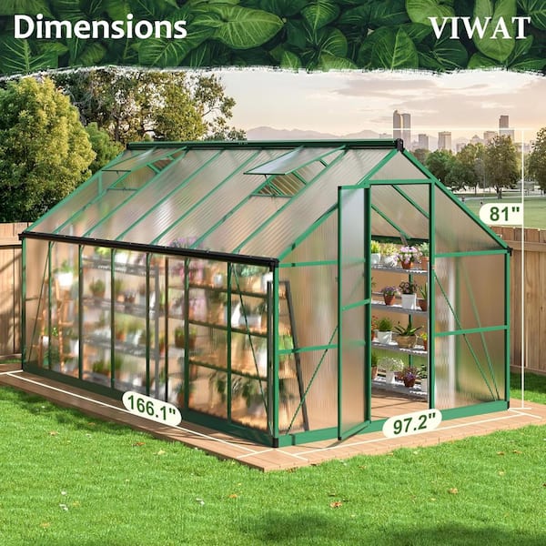 8 ft. W x 14 ft. D Greenhouse for Outdoors, Polycarbonate Greenhouse with Quick Setup Structure and Roof Vent, Green