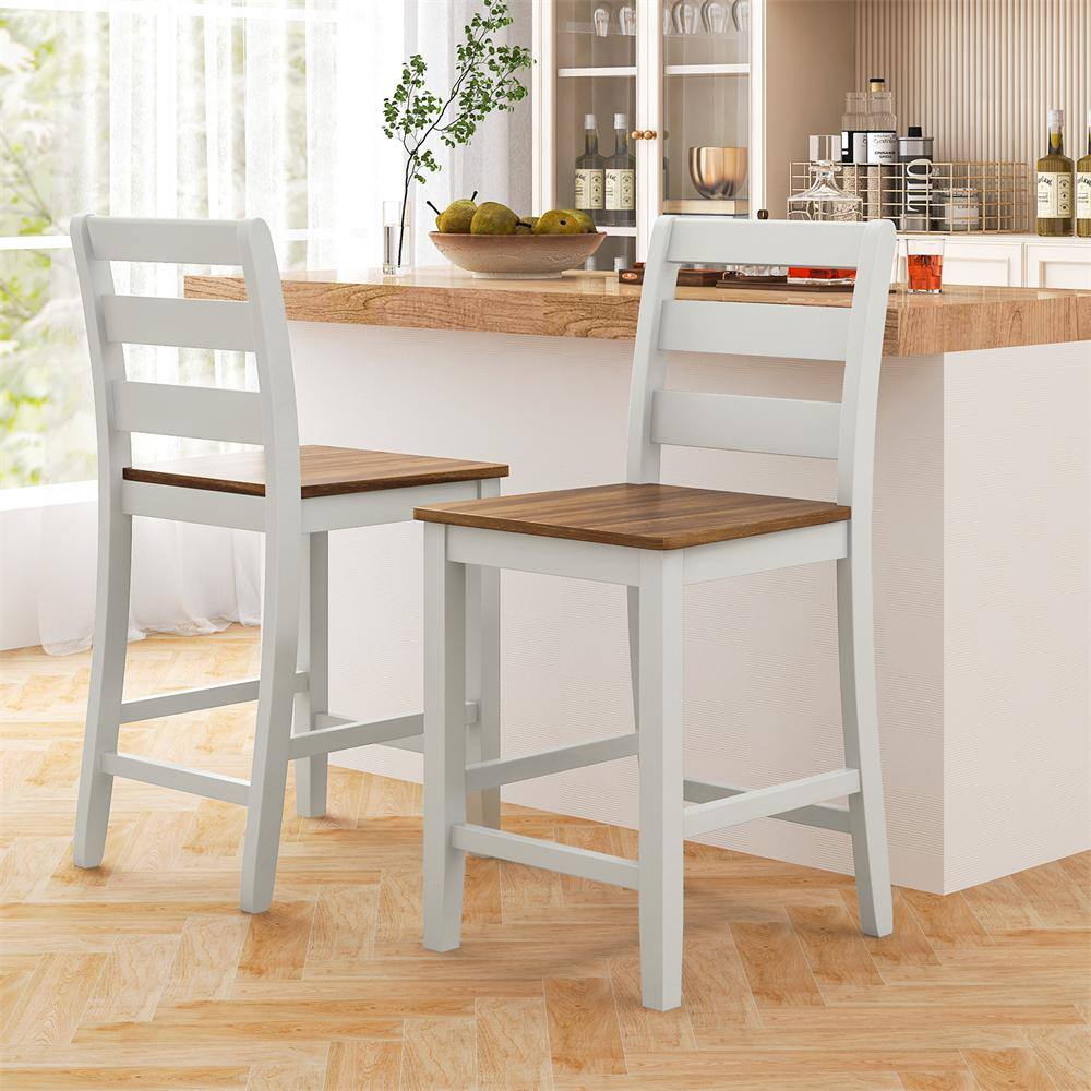 Two gray and walnut wooden bar stools positioned by a kitchen counter.