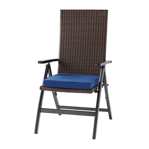 Greendale Home Fashions Wicker Outdoor PE Foldable Reclining Chair with Marine Blue Seat Cushion