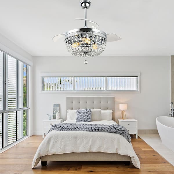 Luminelle 42 in. Chrome Crystal Ceiling Fan with Light Kit and Remote, 6 Speed Modern Fandelier with DC Motor