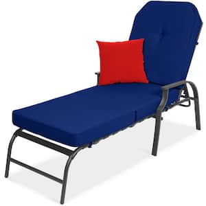 Adjustable Metal Outdoor Chaise Lounge Chair for Patio, Poolside with UV-Resistant Navy Cushions