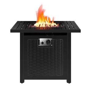 Nepton 28 in. X 28 in. Outdoor Square Black Rattan Style Powder Coated Steel Gas Propane Fire Pit Table W/Lava Rock