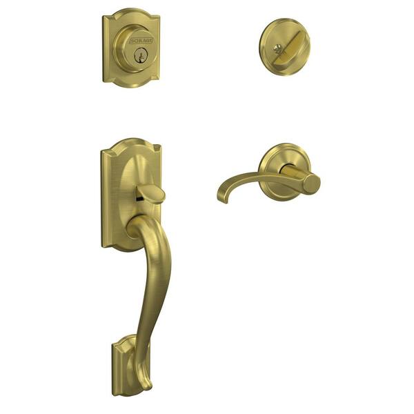 Schlage Custom Camelot Satin Brass Single Cylinder Door Handleset with Whitney Door Handle and Alden Trim