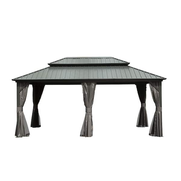 Unbranded 12 ft. x 18 ft. Hardtop Gazebo, Aluminum Metal Gazebo with Galvanized Steel Double Roof Canopy, Curtain and Netting