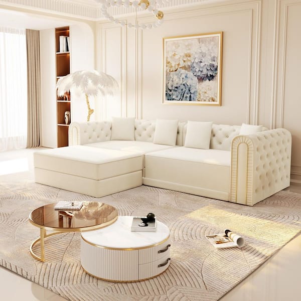 Rosa 90.6 in. Round Arm Velvet Rectangle 3-in-1 Sofa in Beige+White with Button Tufted, Gold Edge Trim, Ottoman