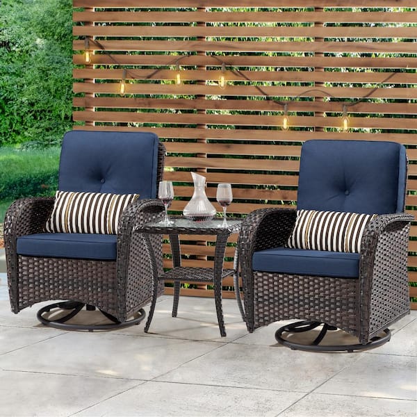 3-Pcs Dark Brown Wicker Outdoor Rocking Chair Patio Conversation Set Swivel Chairs with Blue Cushions and Table