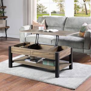 Rectangle Modern Pine Solid Wood in Matte Brown for Living Room Farmhouse LALUZ Lift Top Coffee Table with Storage 