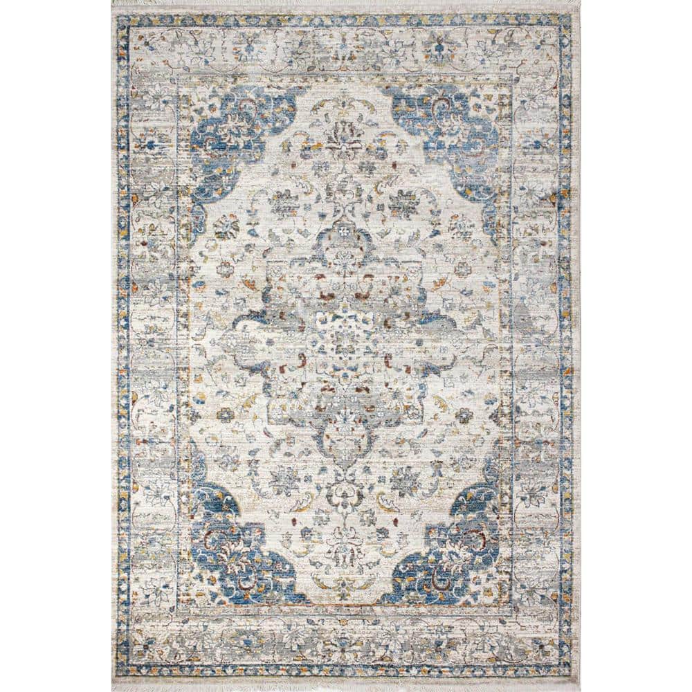 Ivory Petals Repeat Faded Distressed Traditional-European Area Rug Floral 4734 