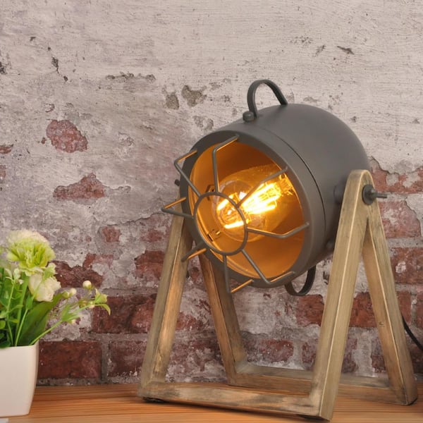 Zompoo Industrial 12.6 in. 1-Light Wood Base Table Lamp for Living Room with Grey Rotate Metal Shade, E26 Base,Not Include Blub