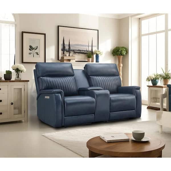Mia 73.5 in. 2-Seat Genuine Leather Triple Power Loveseat with Console, Power Headrest and Lumbar USB/TypeC in Blue