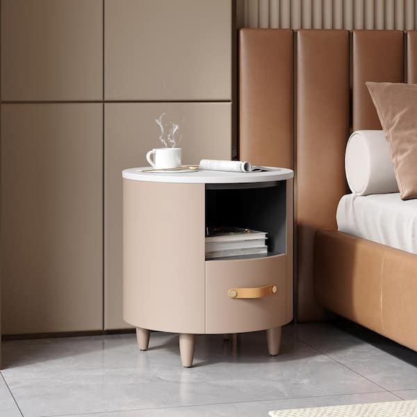 Barlow Modern Khaki 1 Drawer Round Nightstand with Open Shelf, Faux Leather Handle, Tapered Legs, Wood
