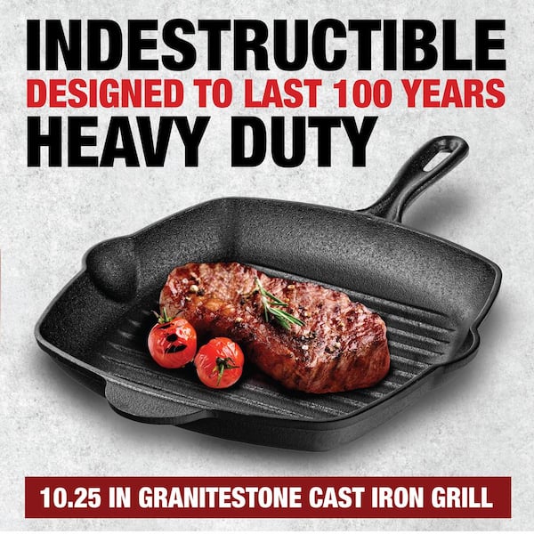 Granitestone 10.25 in. Pre-Seasoned Cast Iron Square Grill Pan, Black