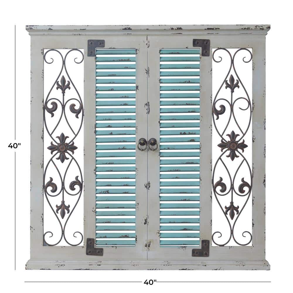 40 in. x 40 in. Wood Beige Window Shutter Scroll Wall Decor with Metal Scrollwork Relief