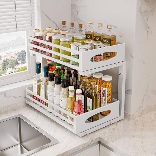 2-Tier Sliding Under Sink Organizer - L-Shape Kitchen & Bathroom Cabinet Storage Shelf (White, 2-Pack)