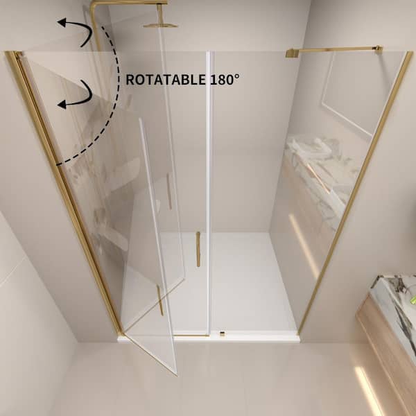 Reversible 60 to 60.63 in. W x 72 in. H Pivot Semi-Frameless Shower Door in Brushed Gold with Tempered Glass, Towel Bar
