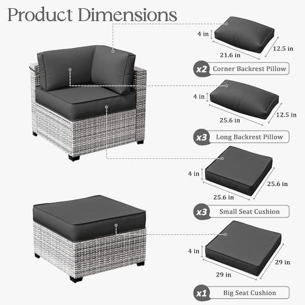 25.6 in. x 25.6 in. x 4 in. (9-Piece) Deep Seating Outdoor Lounge Chair Sectional Cushion Grey