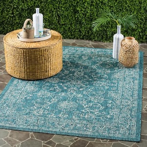 Courtyard Turquoise 5 ft. x 7 ft. Floral Border Indoor/Outdoor Area Rug
