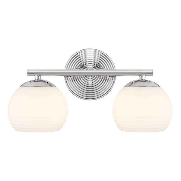 Designers Fountain Moon Breeze 15.5 in. 2-Light Polished Nickel Modern Glam Vanity with Etched Opal Glass Shades
