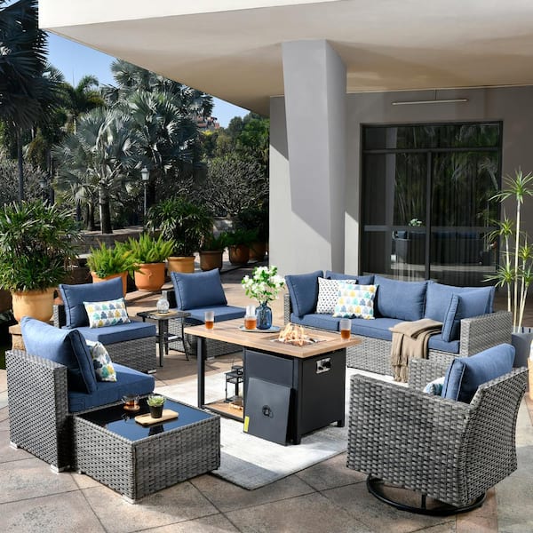 Toject Sanibel Gray 10-Piece Wicker Patio Conversation Sofa Set with a Swivel Chair, a Storage Fire Pit and Denim Blue Cushions