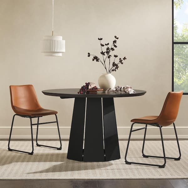 Welwick Designs Round Modern Black Wood 48 in. Pedestal Dining Table, Seats 4