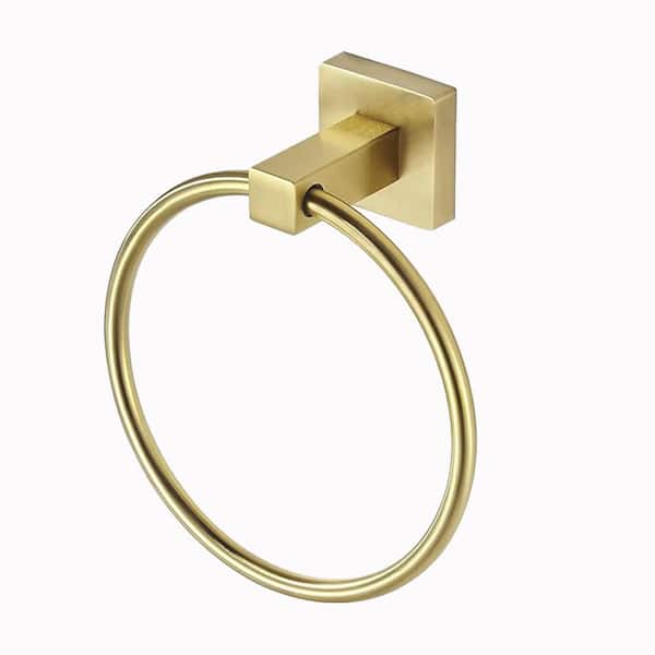 Wall Mounted Towel Ring Bath Round Towel Hanger for Bathroom Square Base Hand Towel Holder in Brushed Gold