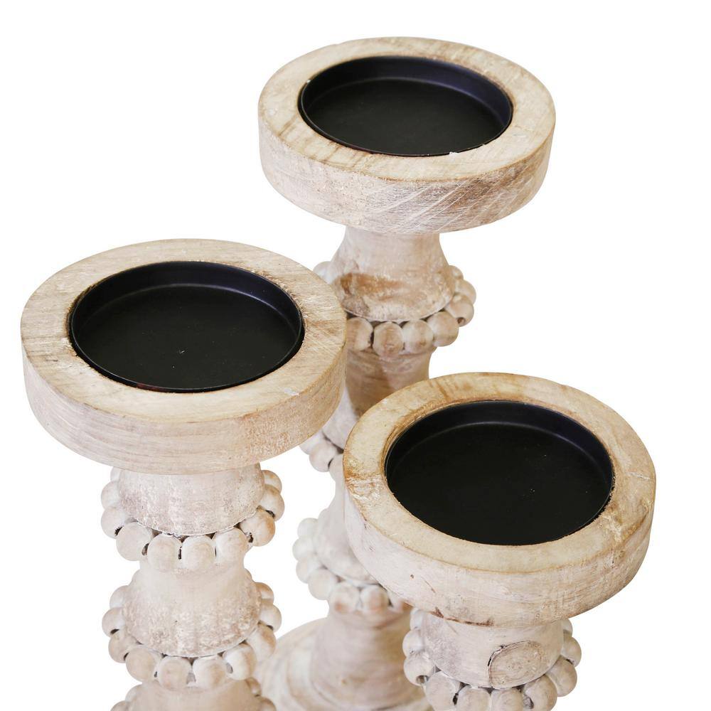 Ivory Distressed Wood Pillar Candle Holder with Beads