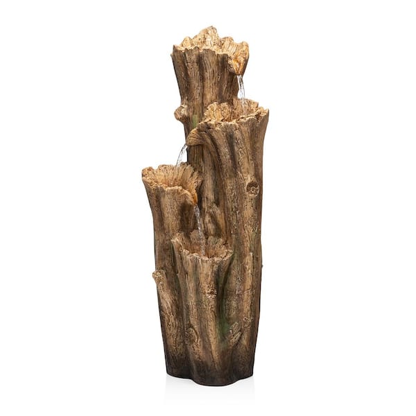 Alpine Corporation 47 in. Tall Outdoor 3-Tier Cascading Tree Bark Water Fountain with LED Lights