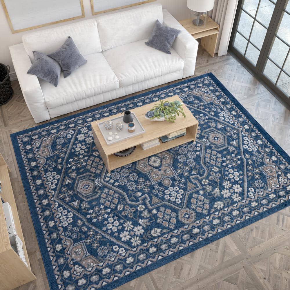 Navy and Beige Synthetic Reversible 5' x 7' Area Rug