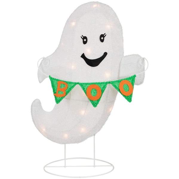25 in. LED Ghost with "Boo" Banner Halloween Yard Stake Decoration-Warm White Lights