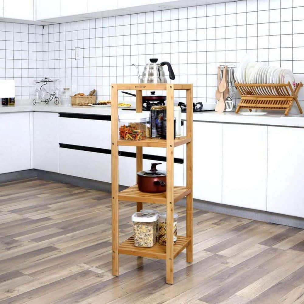 Natural Bamboo 4-Tier Floor Mount Shelf for Entryway and Bathroom