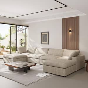 160.5 in. Square Arm Linen 6-Piece U Shaped Free Combination Modular Sectional Sofa with Ottomans in. Brown