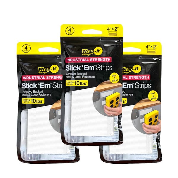 4 in. x 2 in. Stick 'Ems Industrial Strength Adhesive Backed Hook and Loop Strips (12-Sets)