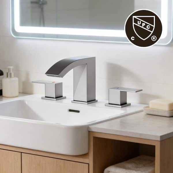 Curve Waterfall 8 in. Widespread 2-Handle Bathroom Faucet 3-Hole Bath Sink Faucet with Pop-Up Drain in Brushed Nickel