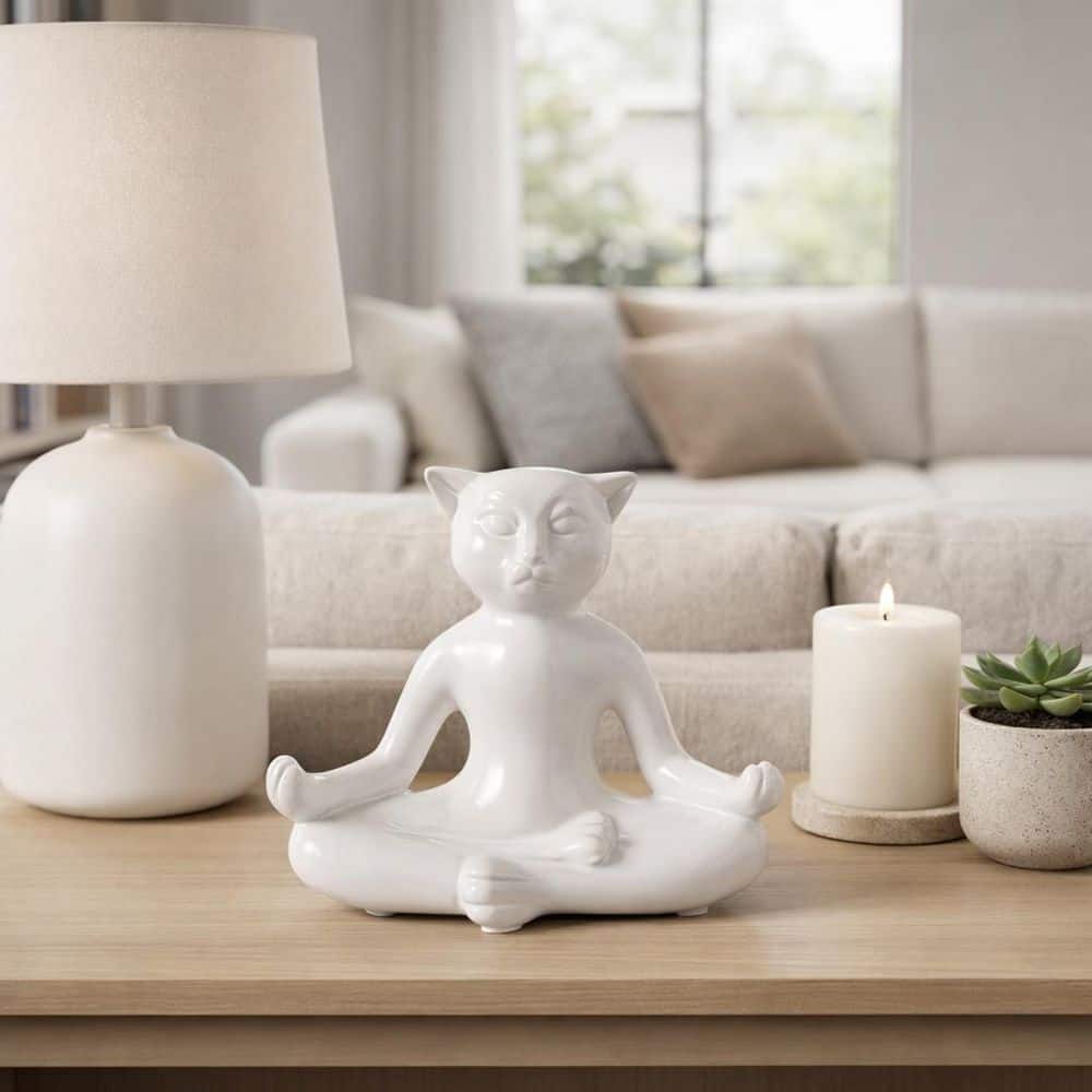 Catlog_Board2 ホワイト Liv & Skye White 8 in. x 7 in. Ceramic Yoga Cat Figurine 15432