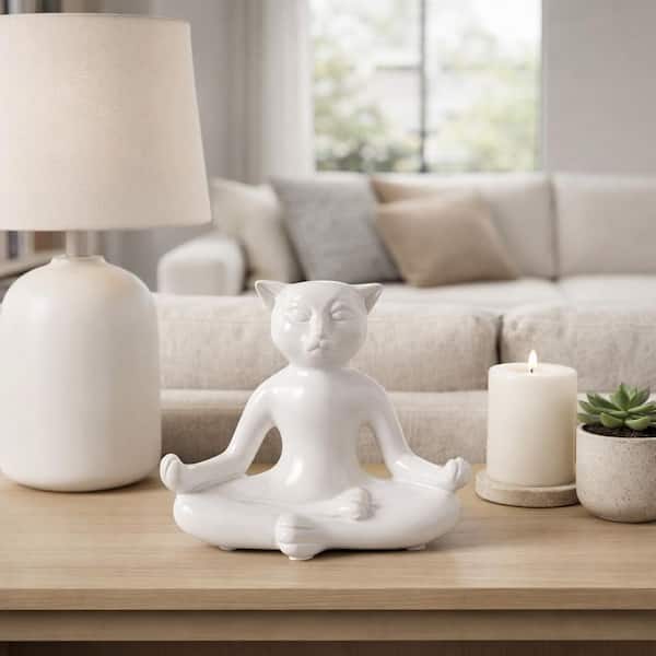 Liv & Skye White 8 in. x 7 in. Ceramic Yoga Cat Figurine 15432
