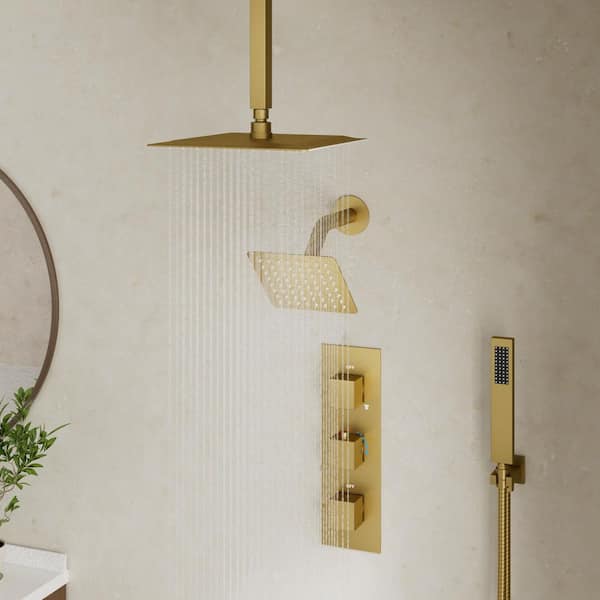 5-Spray Patterns Shower Faucet Set 12 in. Ceiling Mount Dual Shower Heads with 6-Jets in Brushed Gold (Valve Included