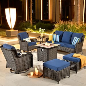 New Kenard Brown 7-Piece Wicker Patio Fire Pit Conversation Set with Navy Blue Cushions and Swivel Rocking Chairs