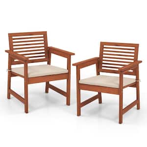Wood Outdoor Lounge Chair Weather-resistant Slatted Armchairs w/Removable Off White Cushions (Set of 2)