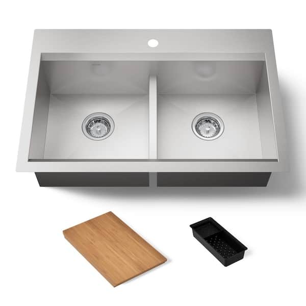 KOHLER Lassen 33 in. Drop-in Double Bowl Stainless Steel Kitchen Sink with Workstation and Accessories