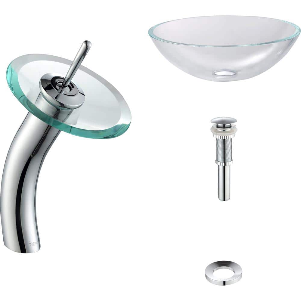 Kraus C-GV-101-12mm-15500CH Clear Glass Vessel Sink and Virtus Faucet Chrome 