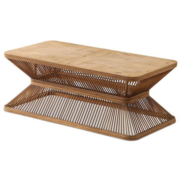 Antique Natural Mid-Century Modern Wood Coffee Table, Rectangular Accent Table with Woven Bamboo Base