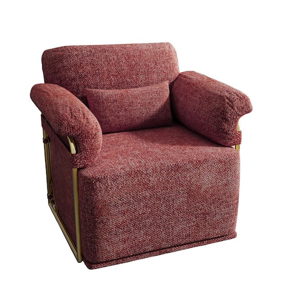 360° Square Swivel Accent Sofa Chair, Fluffy Fabric Lounge Wide Upholstered Reading Chair with Gold Metal Legs, Red